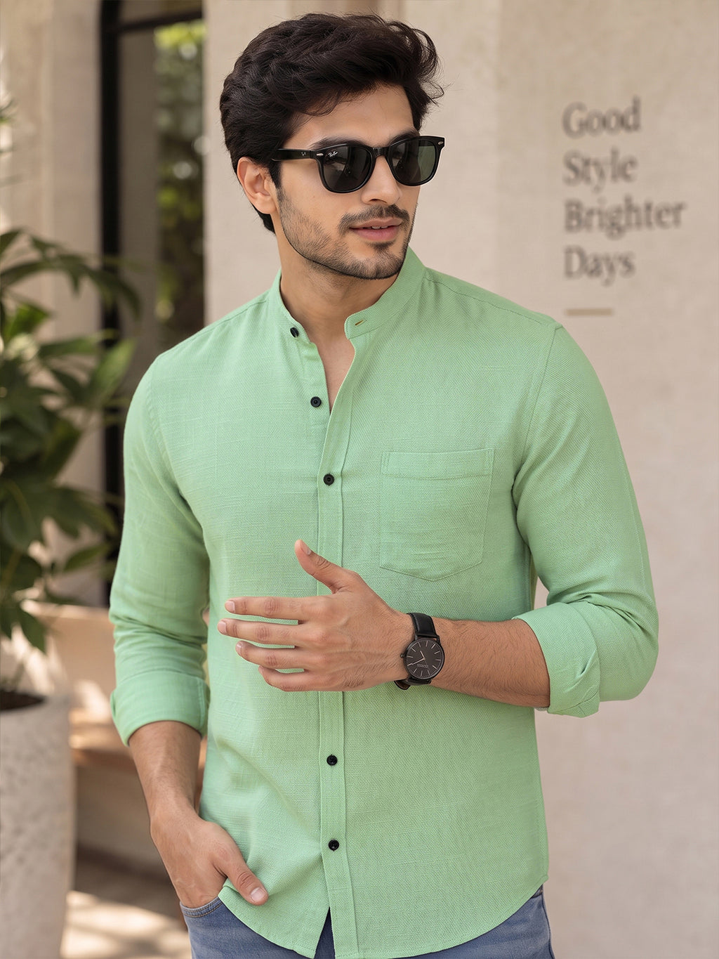VORA LABEL Men’s Cotton Blend Mandarin Collar Shirt | Full Sleeve Solid Casual & Smart Wear