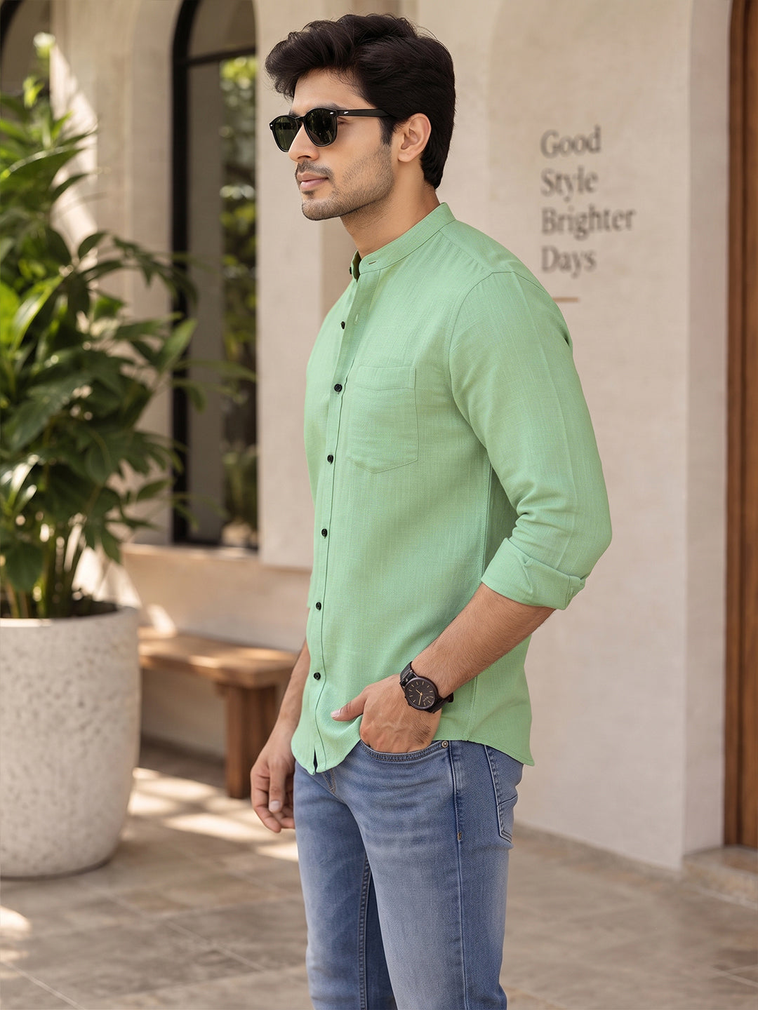 VORA LABEL Men’s Cotton Blend Mandarin Collar Shirt | Full Sleeve Solid Casual & Smart Wear