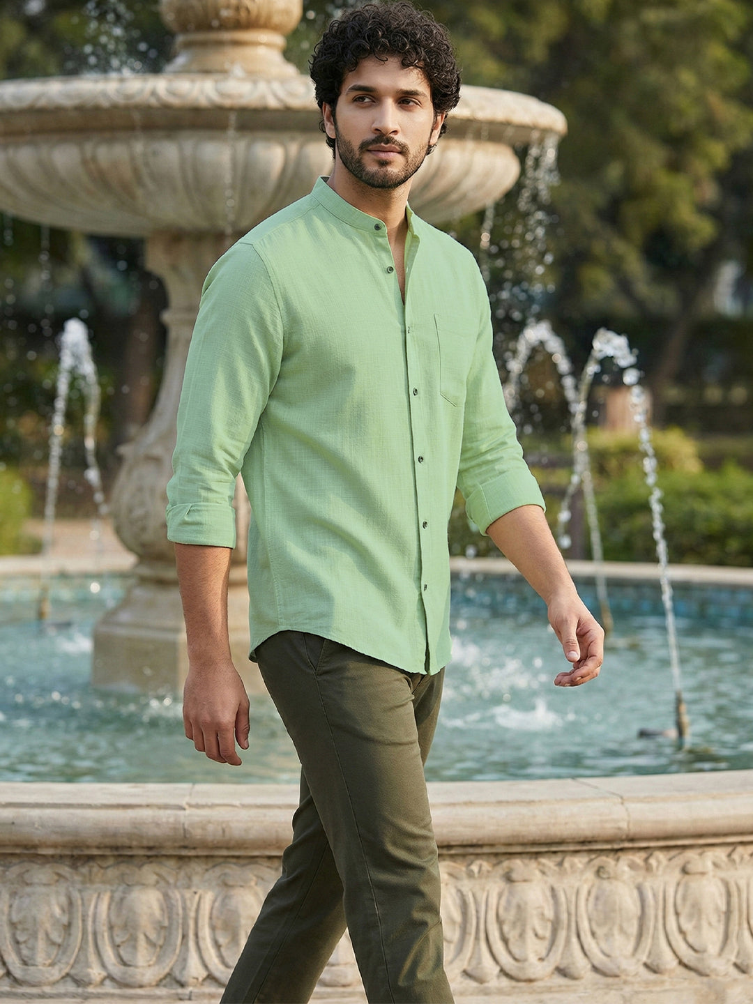 VORA LABEL Men’s Cotton Blend Mandarin Collar Shirt | Full Sleeve Solid Casual & Smart Wear