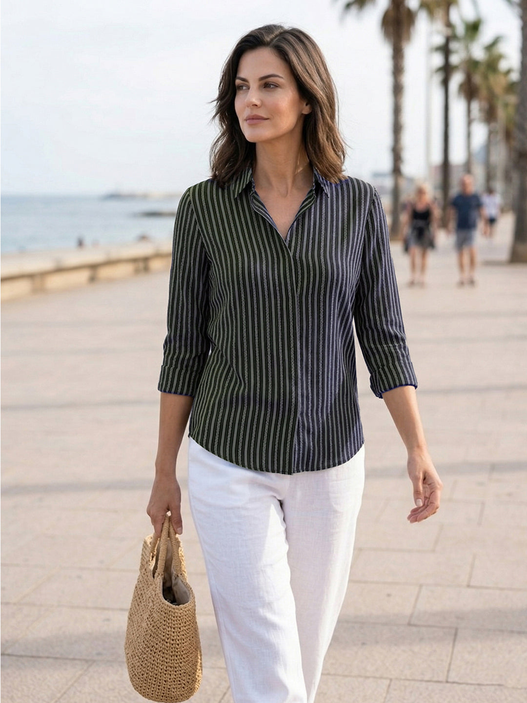 VORA LABEL Women Viscose Rayon Striped Regular Fit 3/4 Sleeve Shirt - Black Main image