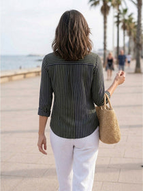 VORA LABEL Women Viscose Rayon Striped Regular Fit 3/4 Sleeve Shirt - Black