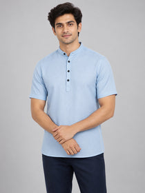 VORA LABEL Men’s Cotton Blend Mandarin Collar Half Kurta | Short Sleeve Solid Casual Wear