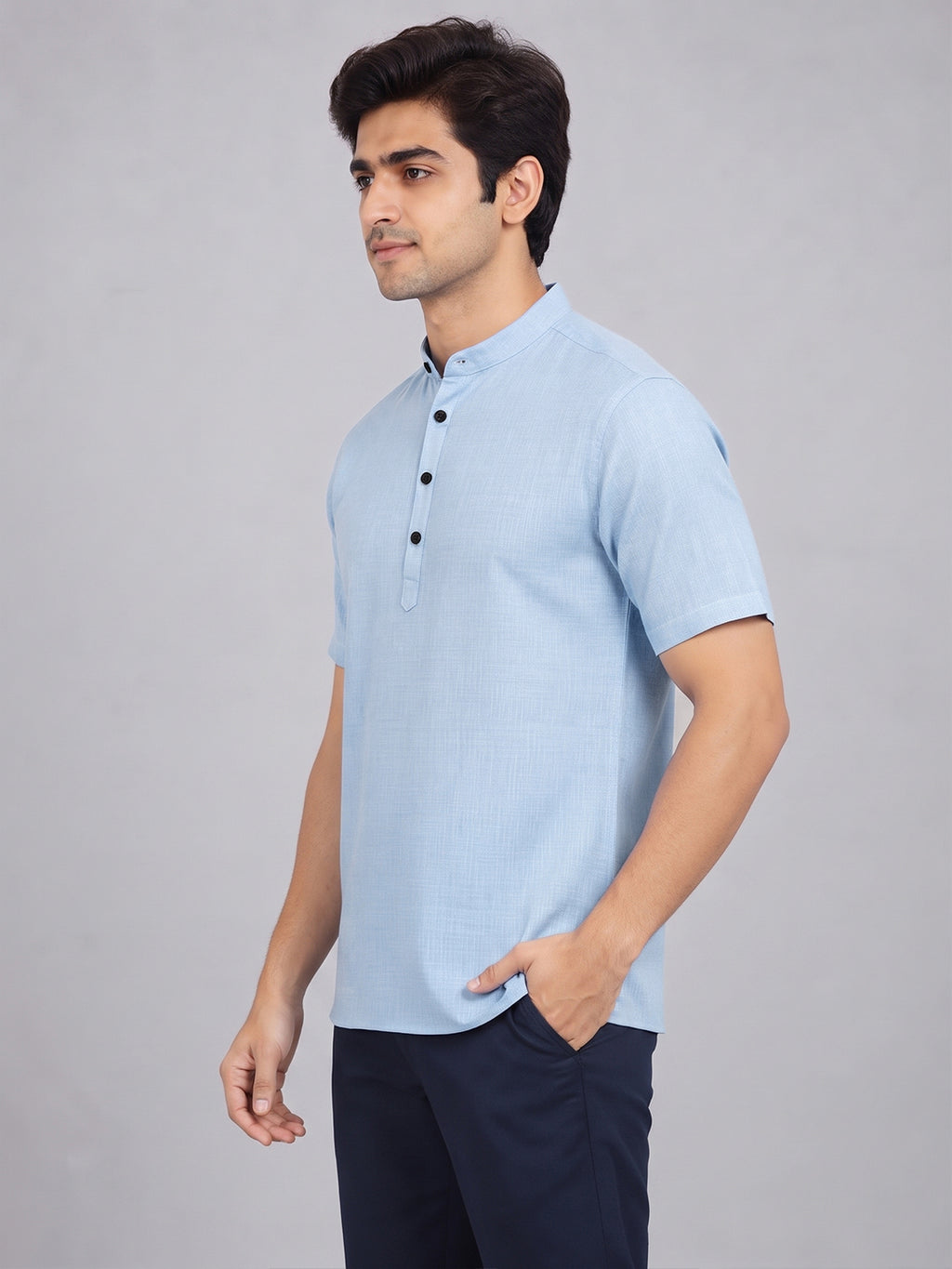 VORA LABEL Men’s Cotton Blend Mandarin Collar Half Kurta | Short Sleeve Solid Casual Wear