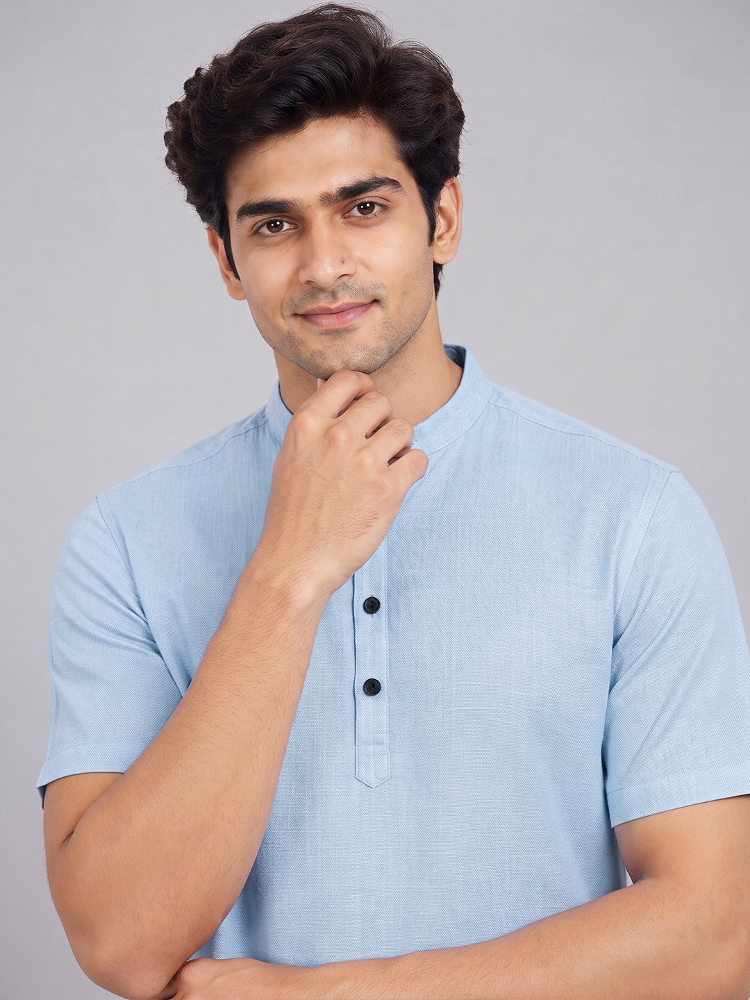 VORA LABEL Men’s Cotton Blend Mandarin Collar Half Kurta | Short Sleeve Solid Casual Wear