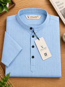 VORA LABEL Men’s Cotton Blend Mandarin Collar Half Kurta | Short Sleeve Solid Casual Wear