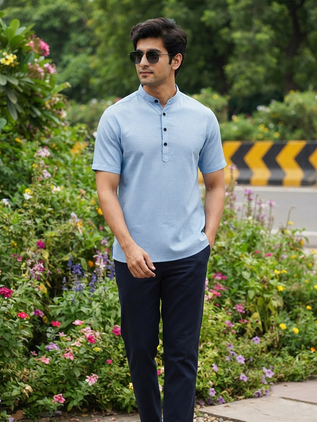 VORA LABEL Men’s Cotton Blend Mandarin Collar Half Kurta | Short Sleeve Solid Casual Wear