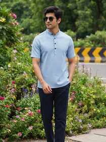 VORA LABEL Men’s Cotton Blend Mandarin Collar Half Kurta | Short Sleeve Solid Casual Wear