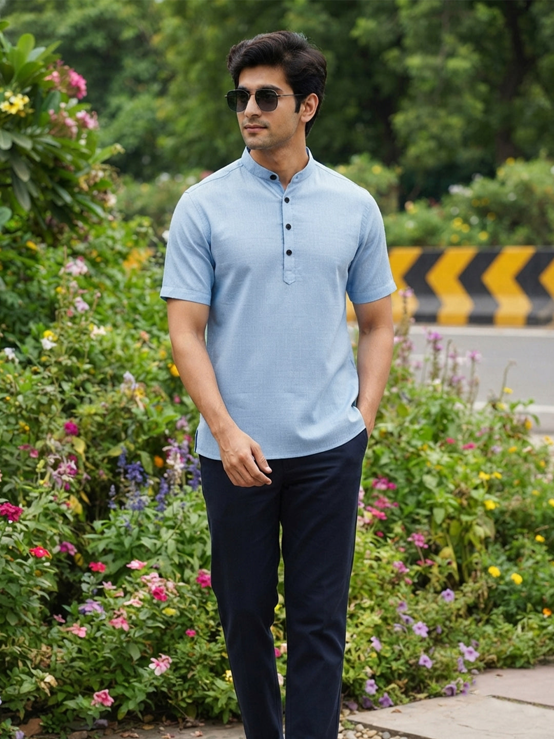 VORA LABEL Men’s Cotton Blend Mandarin Collar Half Kurta | Short Sleeve Solid Casual Wear