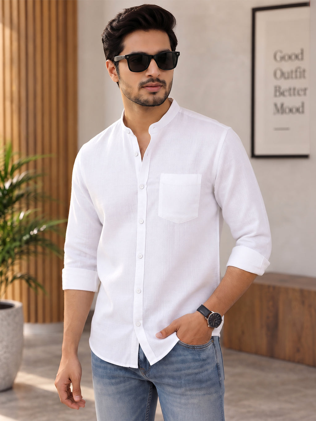 VORA LABEL Men’s Cotton Blend Mandarin Collar Shirt | Full Sleeve Solid Casual & Smart Wear