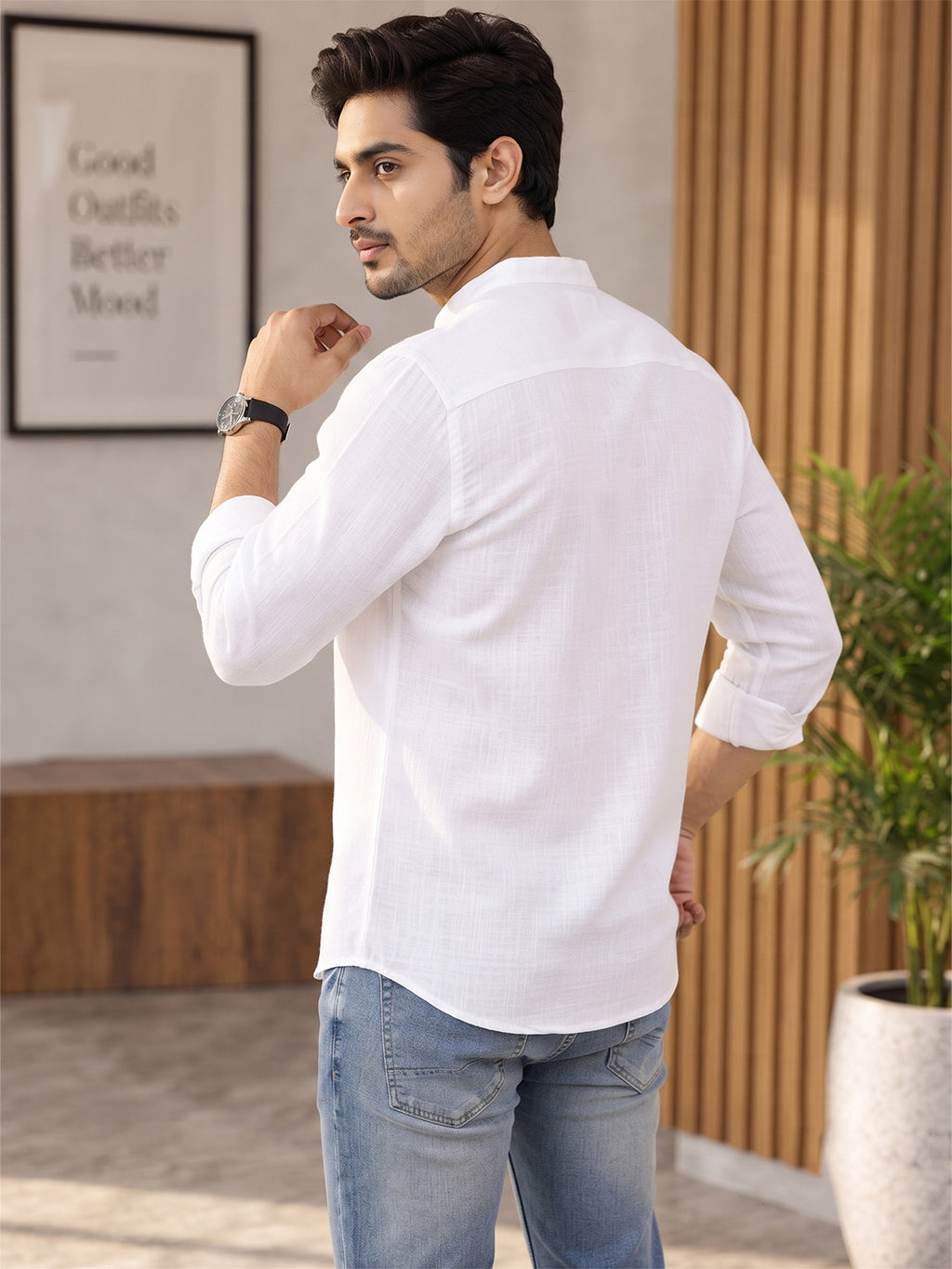 VORA LABEL Men’s Cotton Blend Mandarin Collar Shirt | Full Sleeve Solid Casual & Smart Wear