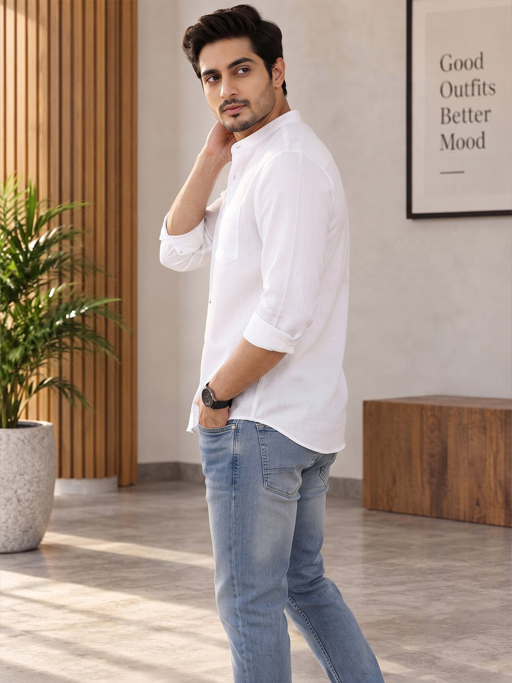 VORA LABEL Men’s Cotton Blend Mandarin Collar Shirt | Full Sleeve Solid Casual & Smart Wear