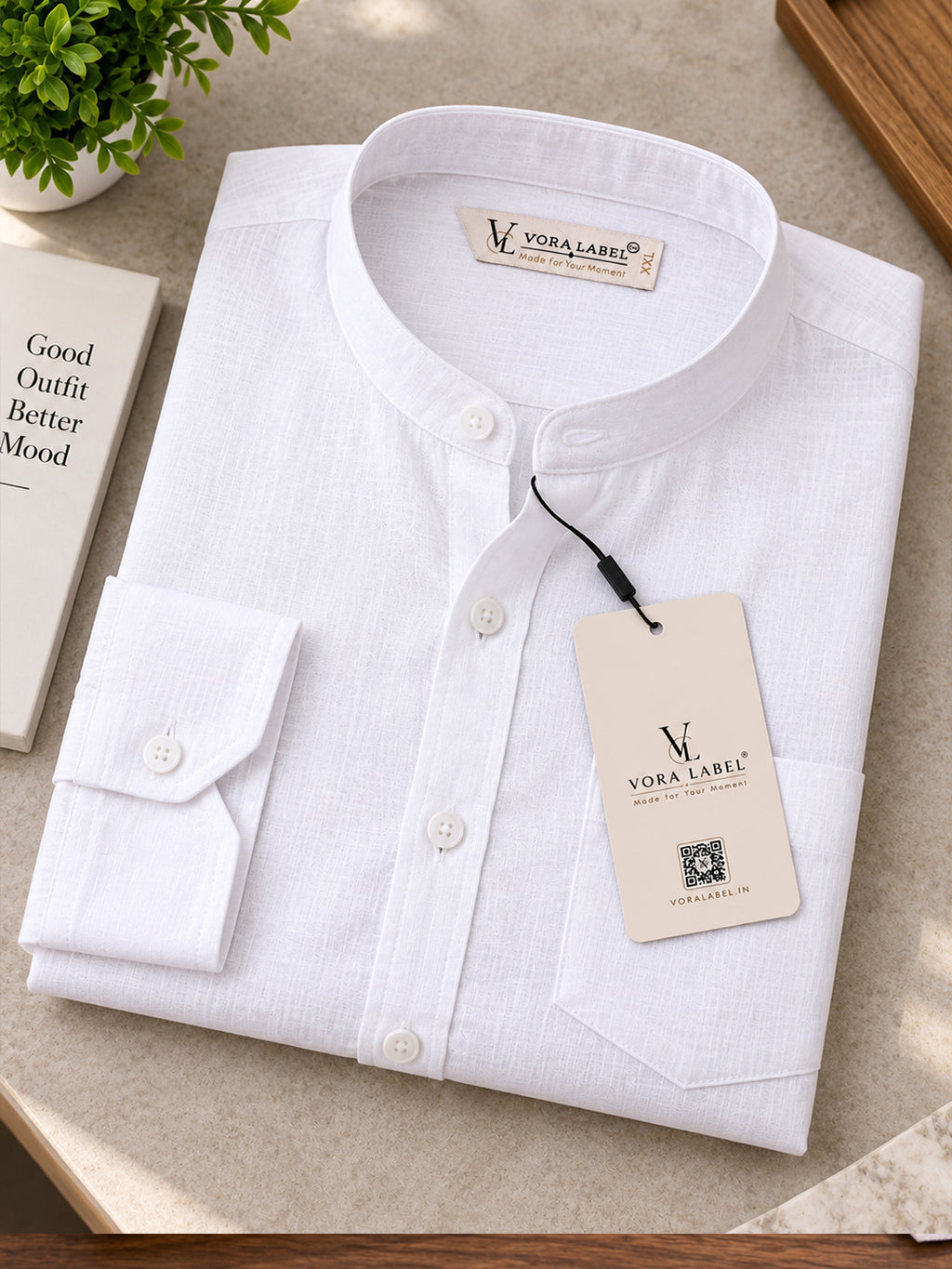 VORA LABEL Men’s Cotton Blend Mandarin Collar Shirt | Full Sleeve Solid Casual & Smart Wear