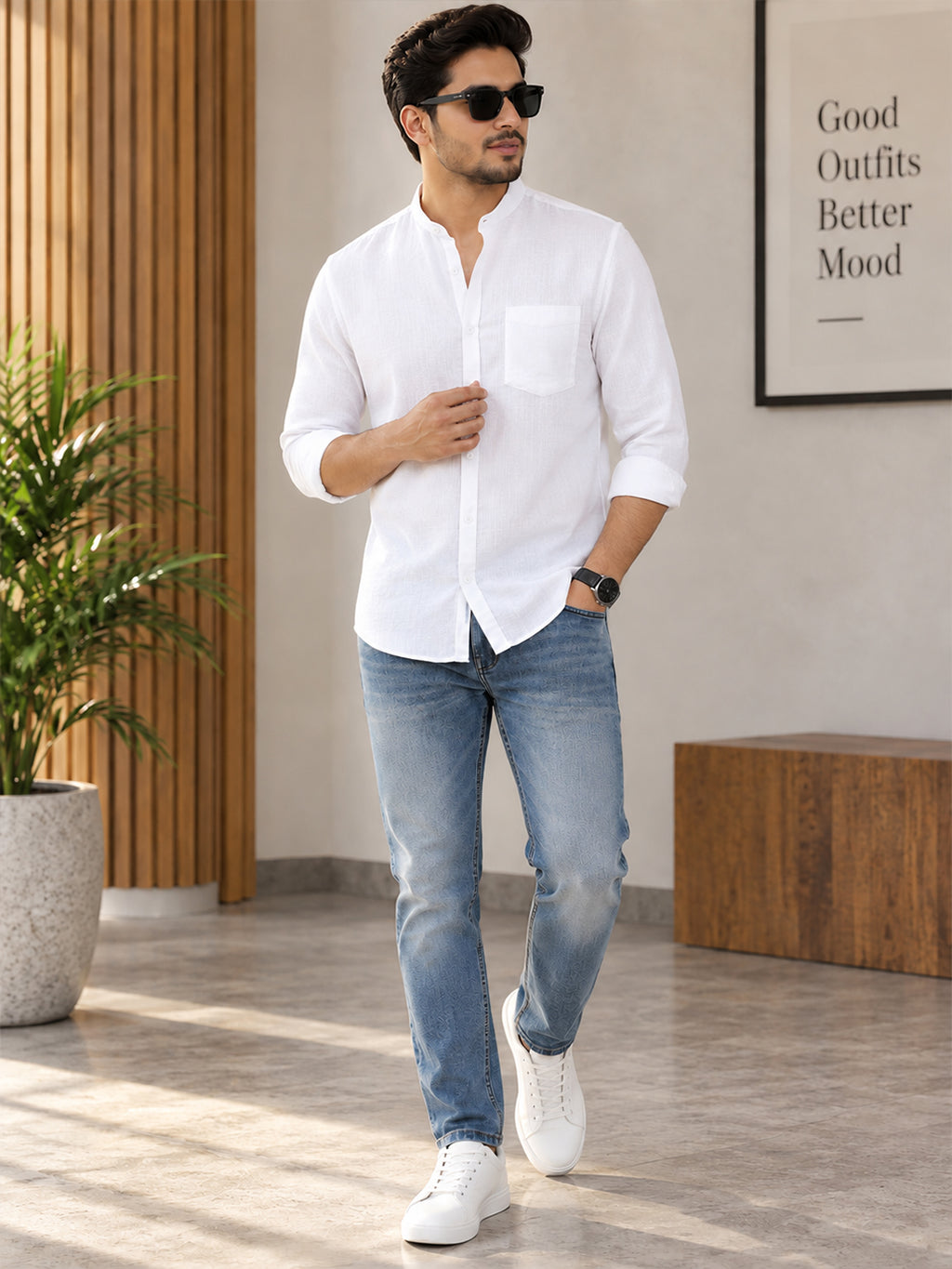 VORA LABEL Men’s Cotton Blend Mandarin Collar Shirt | Full Sleeve Solid Casual & Smart Wear