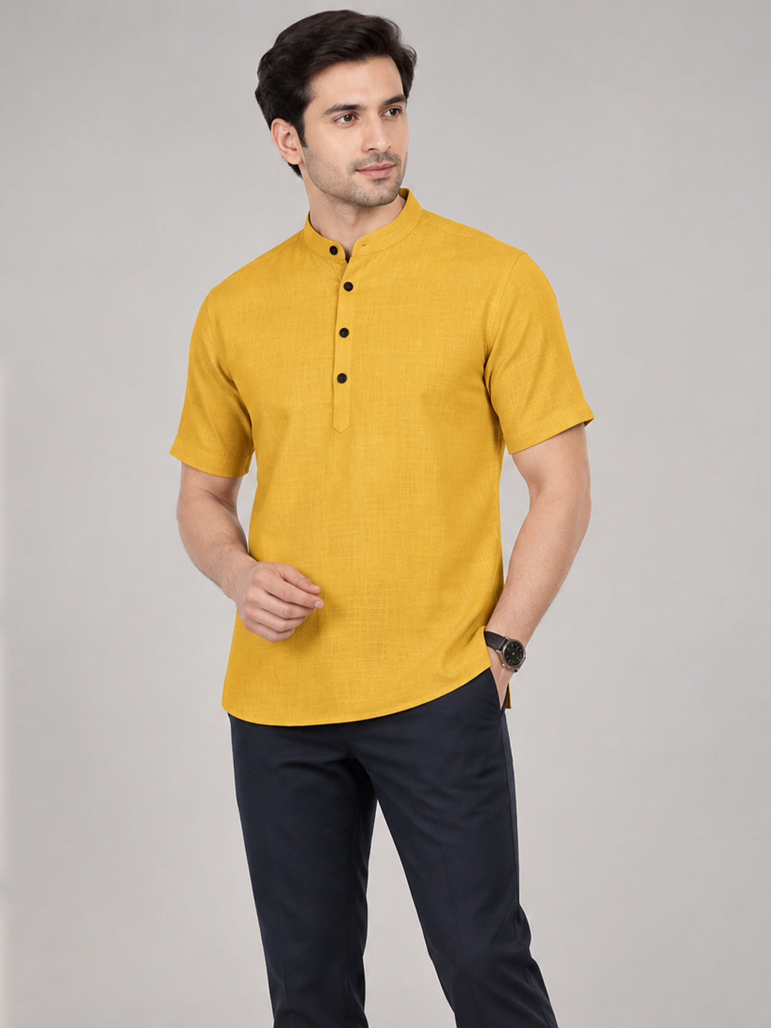 VORA LABEL Men’s Cotton Blend Mandarin Collar Half Kurta | Short Sleeve Solid Casual Wear