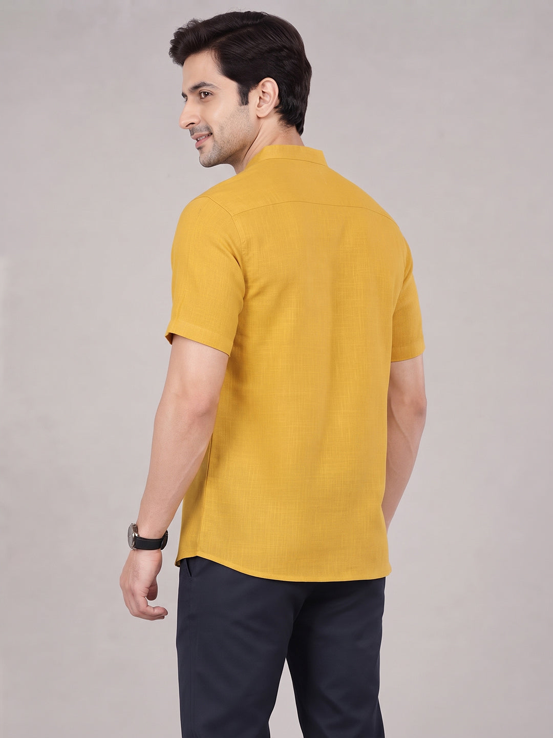 VORA LABEL Men’s Cotton Blend Mandarin Collar Half Kurta | Short Sleeve Solid Casual Wear