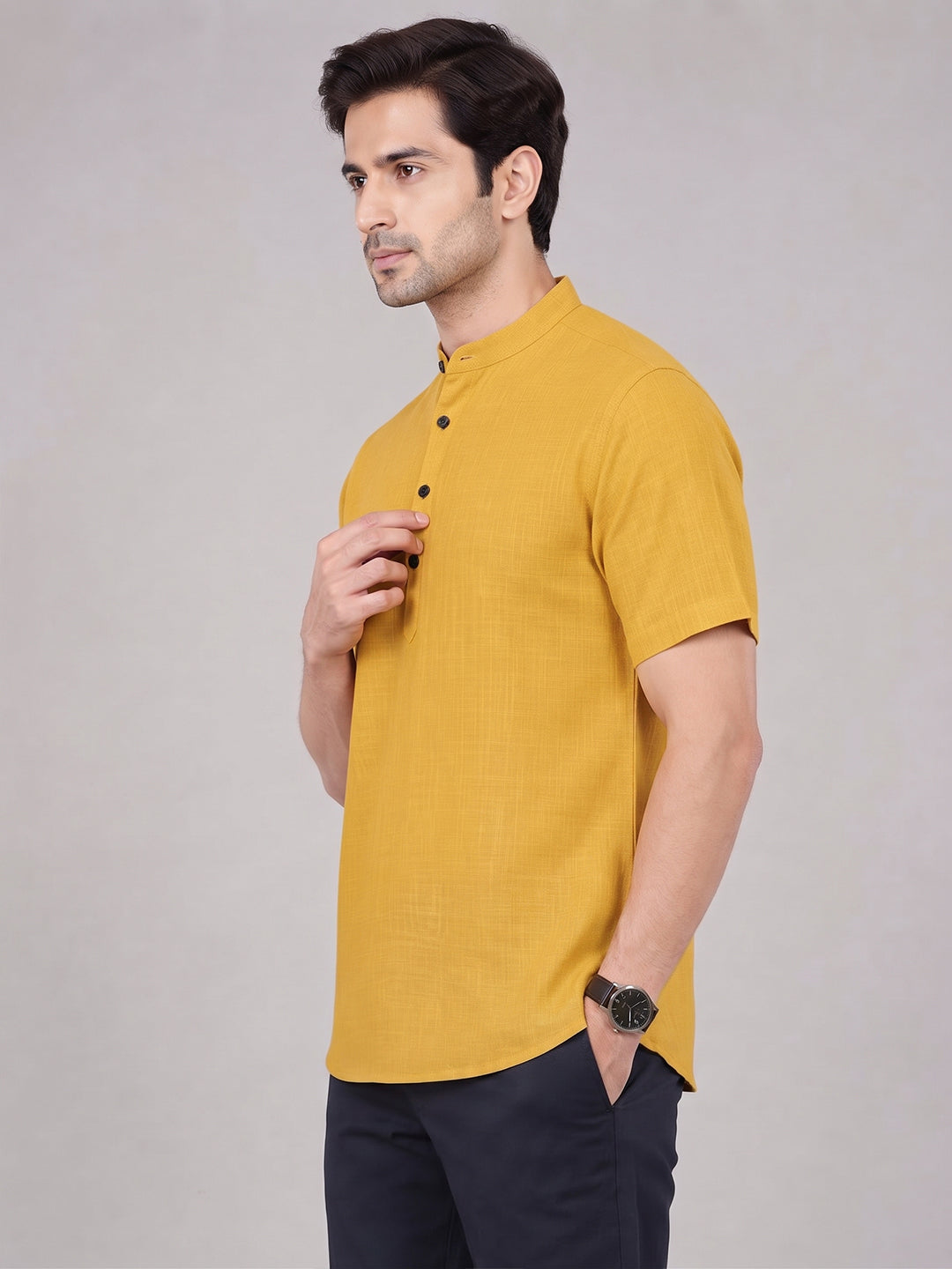 VORA LABEL Men’s Cotton Blend Mandarin Collar Half Kurta | Short Sleeve Solid Casual Wear