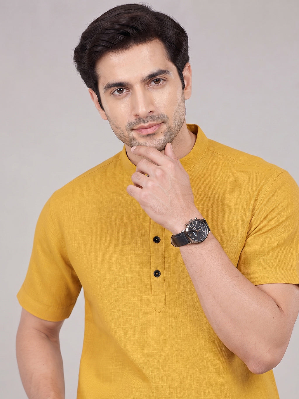 VORA LABEL Men’s Cotton Blend Mandarin Collar Half Kurta | Short Sleeve Solid Casual Wear