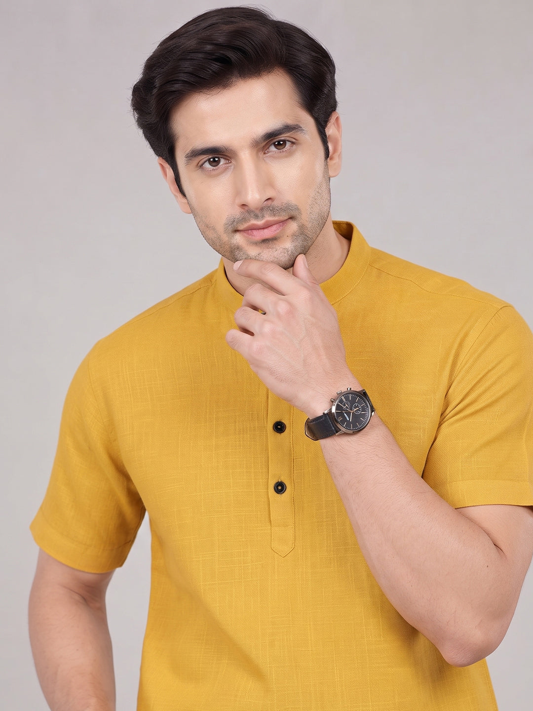VORA LABEL Men’s Cotton Blend Mandarin Collar Half Kurta | Short Sleeve Solid Casual Wear