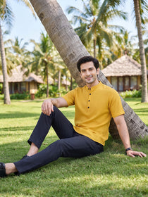 VORA LABEL Men’s Cotton Blend Mandarin Collar Half Kurta | Short Sleeve Solid Casual Wear