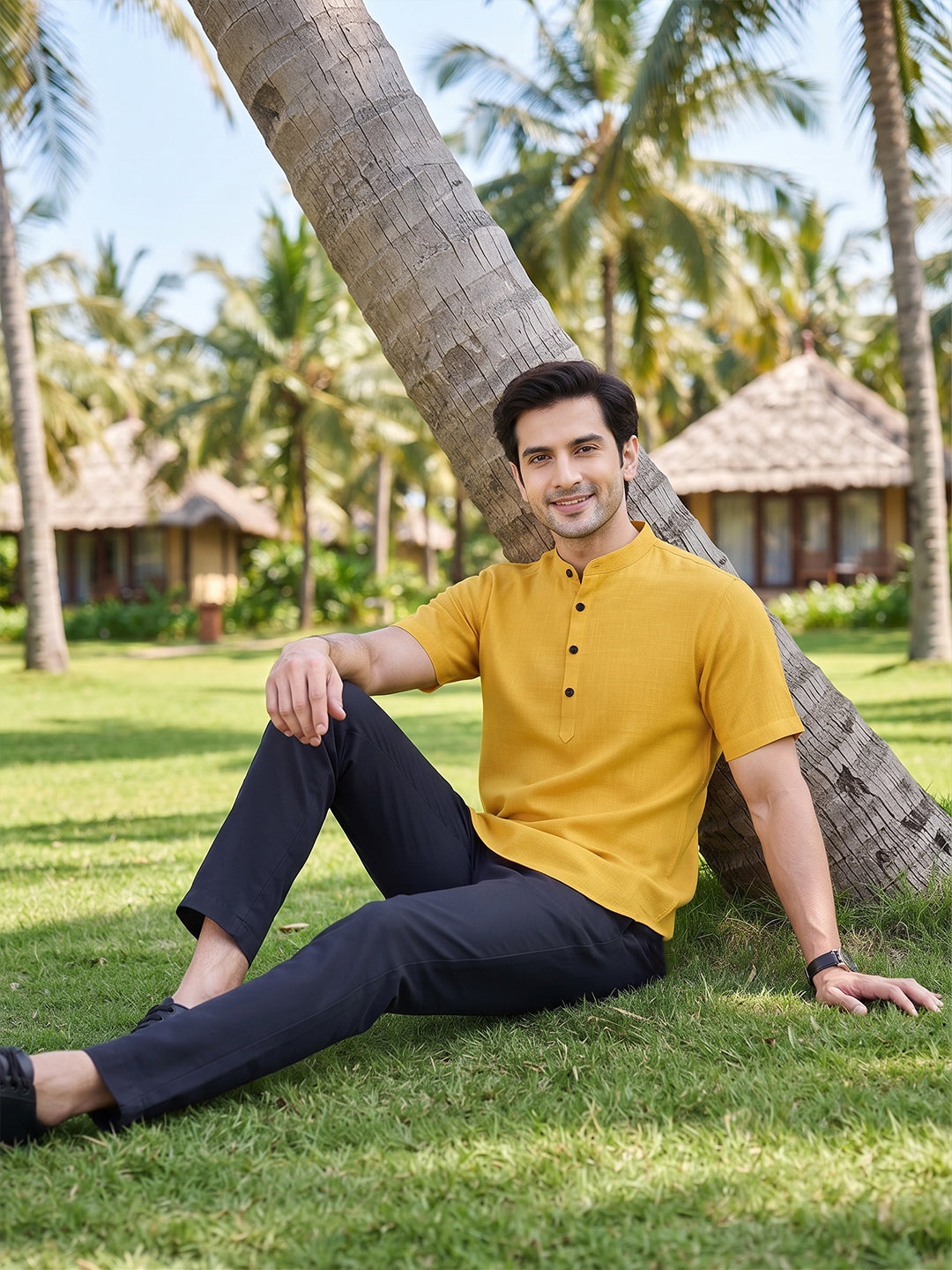 VORA LABEL Men’s Cotton Blend Mandarin Collar Half Kurta | Short Sleeve Solid Casual Wear