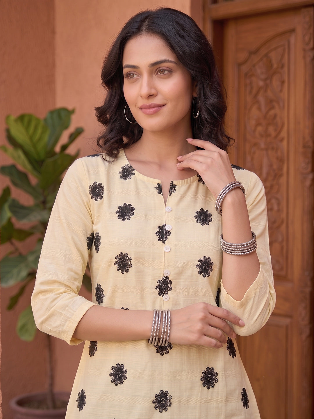 VORA LABEL Women Viscose Rayon Printed Regular Fit Top - Lemon